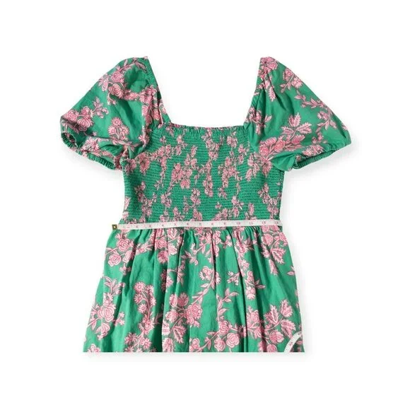 J.Crew Floral Puff Sleeve Smocked Cotton Midi Dress SZ S Green Boho Cottage Core - Picture 5 of 9